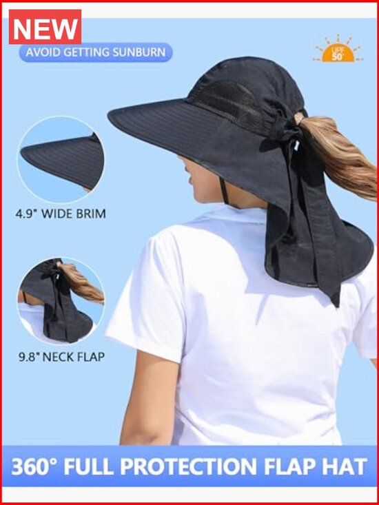 Wide Brim Sun Hat with Ponytail Hole Neck Flap UPF 50+ UV Protection Outdoor main image 6